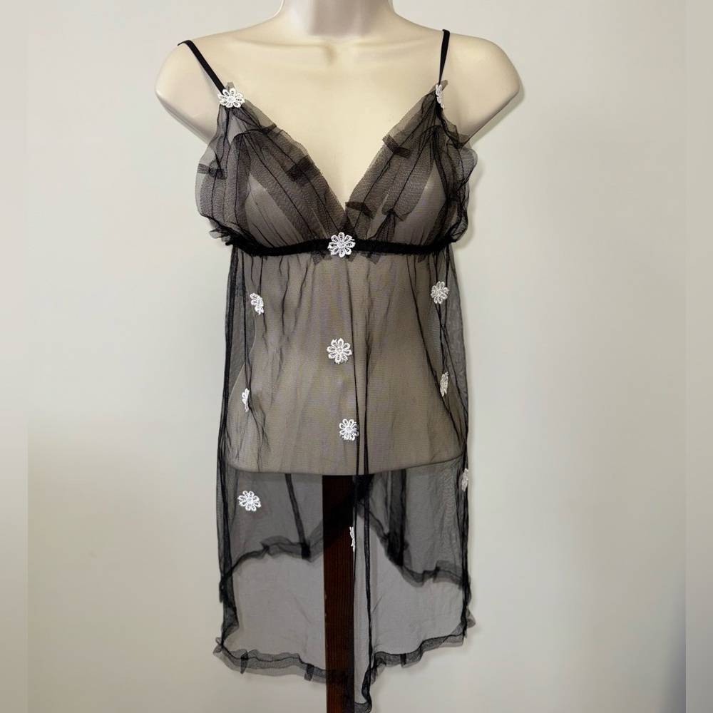 Black Sheer Floral Patched Pattern Chemise Slip